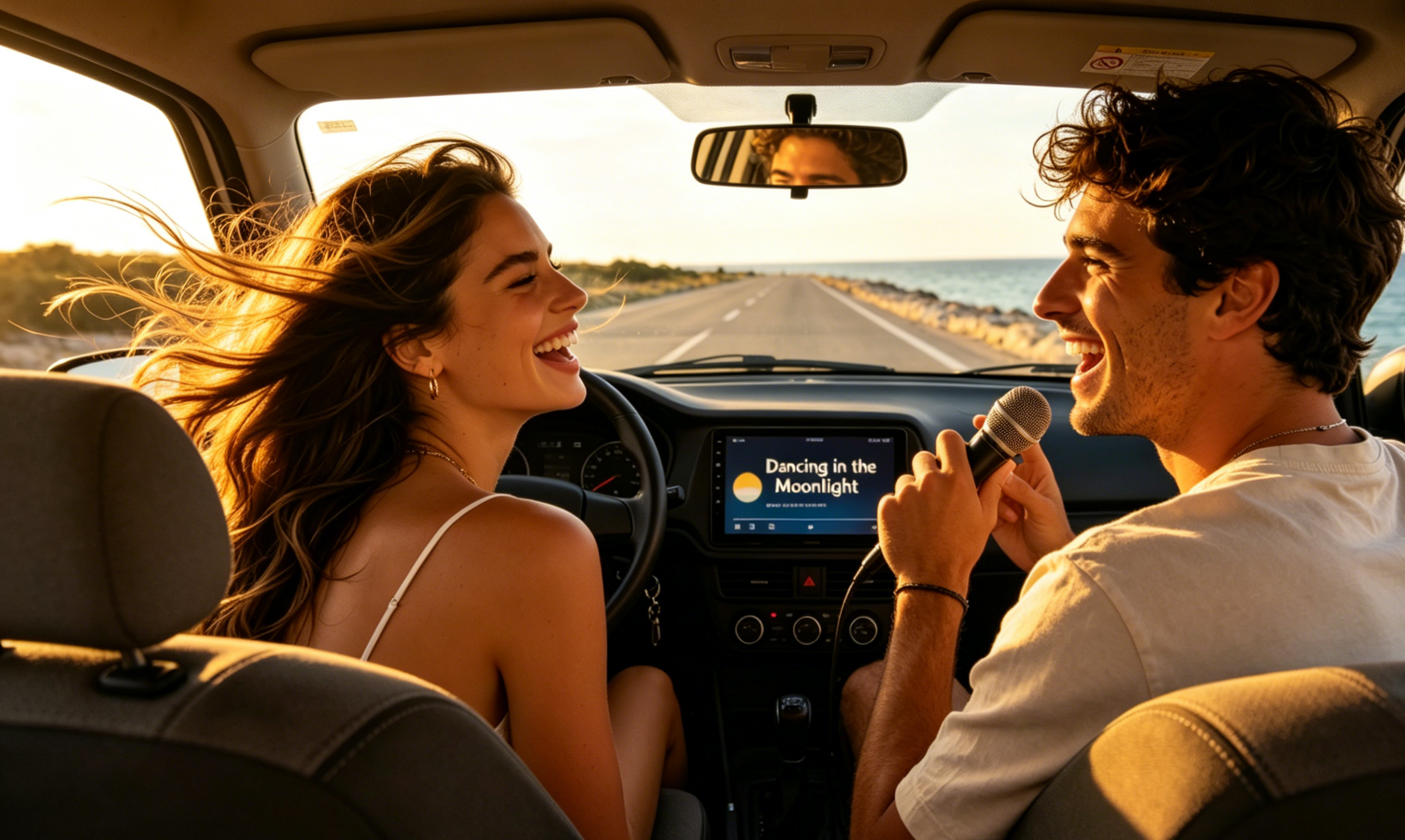 Karaoke in auto sullo schermo — famiglia che canta in viaggio