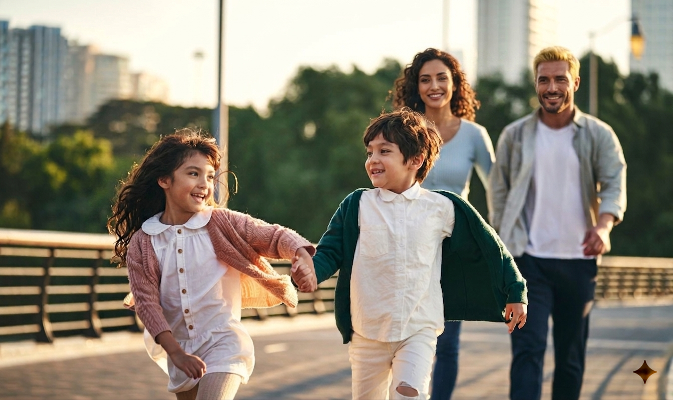 Famiglia italiana in viaggio estivo — bambini e genitori