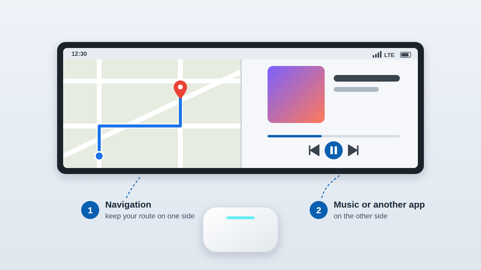 Schermo diviso del Tbox Max Ultra con navigazione e app musicale affiancate sul display dell'auto