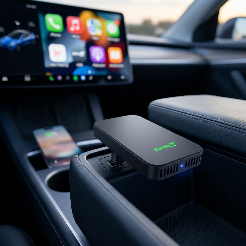 Piccolo adattatore USB wireless collegato alla console centrale di un'auto con schermo acceso