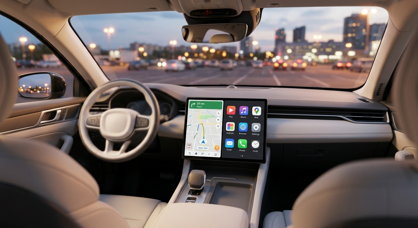 Schermo dell'auto con griglia di app Android generiche, come si presenta un AI box collegato