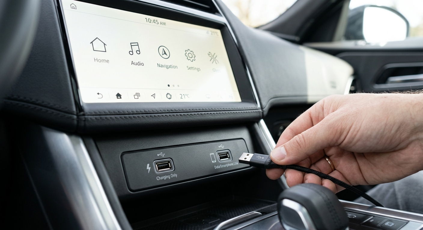 Console centrale di un'auto con schermo acceso e porta USB dati, dove si collega l'adattatore CarPlay wireless