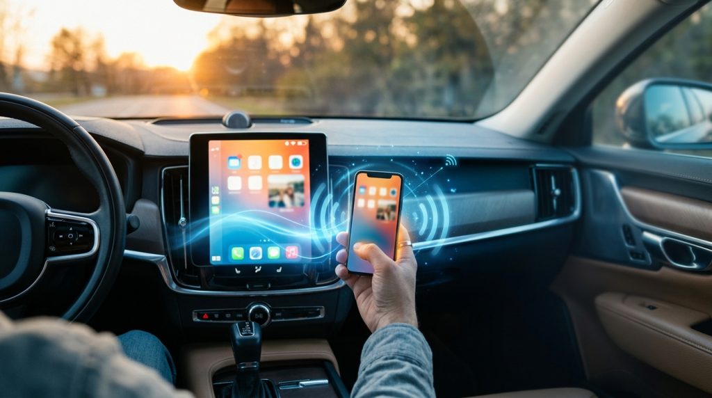 Interno di un'auto con touchscreen acceso e piccolo adattatore sulla console centrale