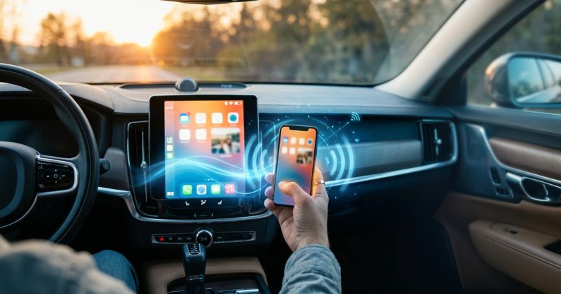 Interno di un'auto con touchscreen acceso e piccolo adattatore sulla console centrale