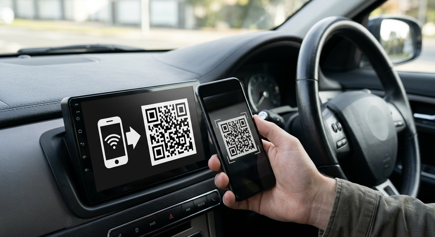 Autoradio con schermata di mirroring e QR code inquadrato da uno smartphone per la connessione CarBitLink
