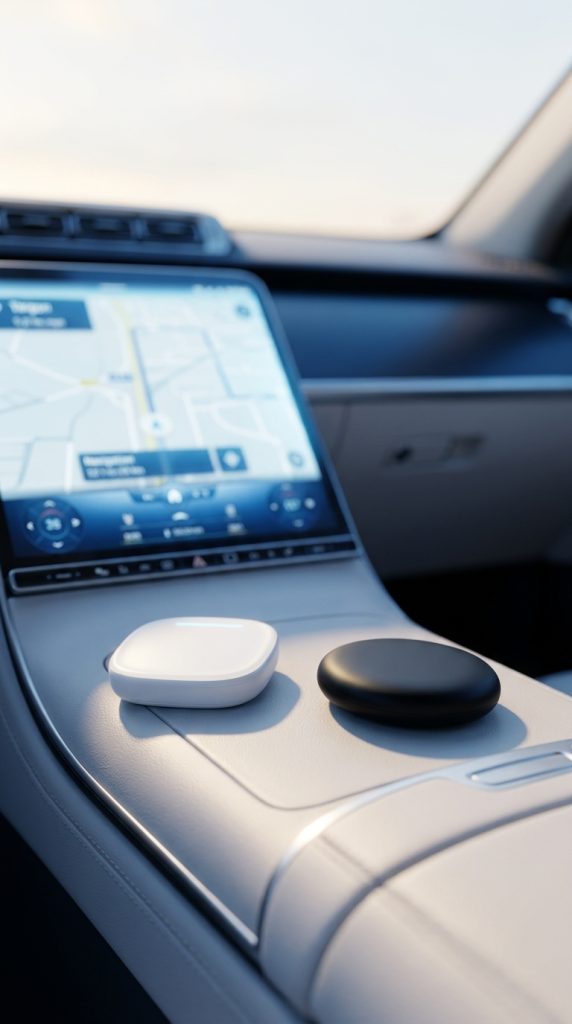 Interno di un'auto con schermo acceso e piccolo adattatore wireless bianco sulla console centrale