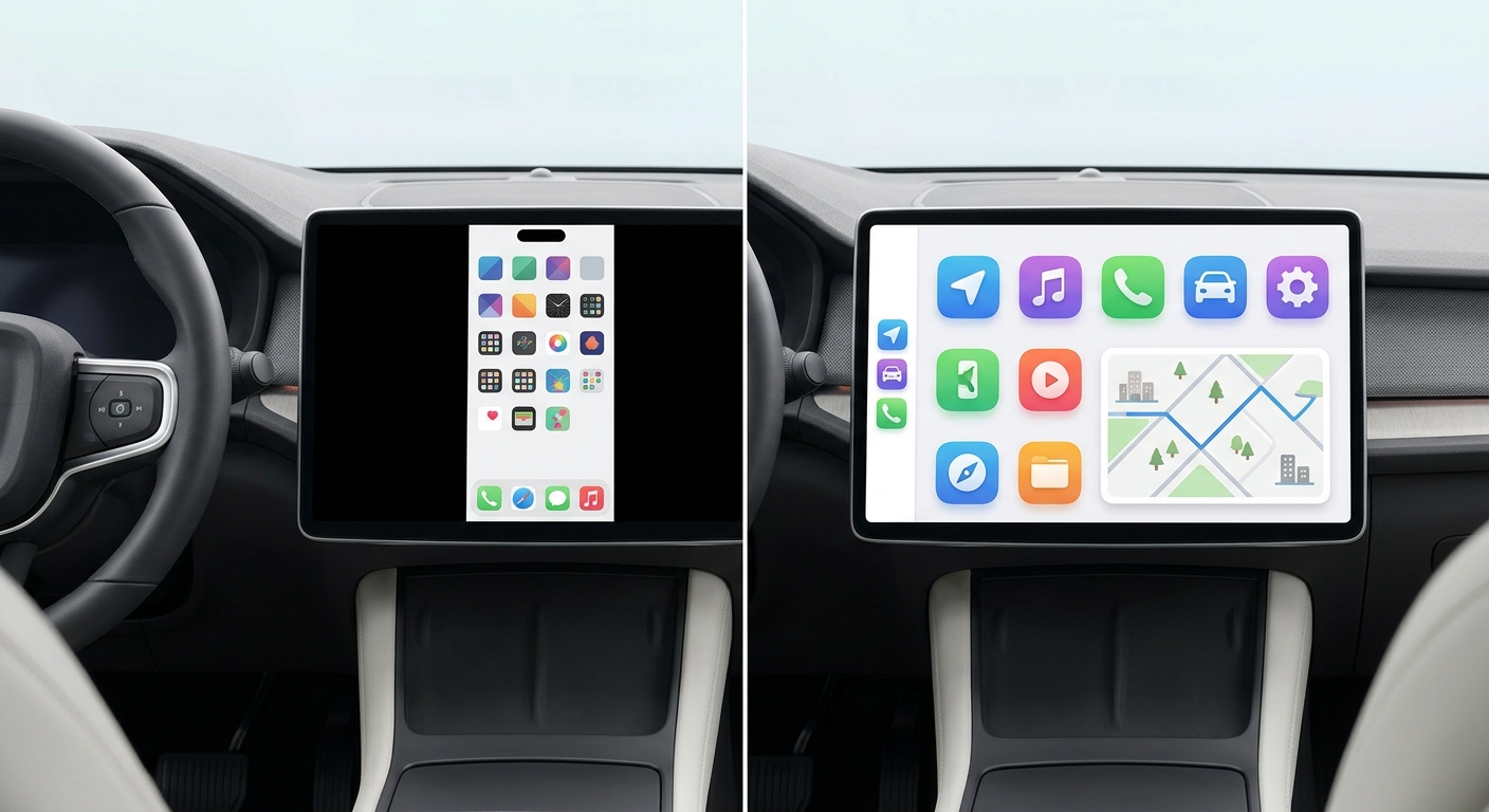Confronto tra lo schermo del telefono duplicato sul display dell'auto e un'interfaccia a icone grandi pensata per la guida