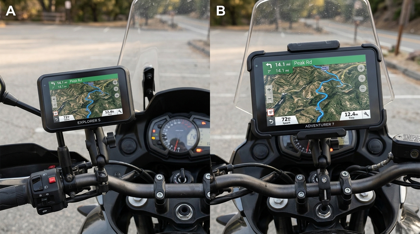 Confronto di ingombro tra schermo CarPlay da 5 pollici e da 7 pollici sul manubrio di una moto