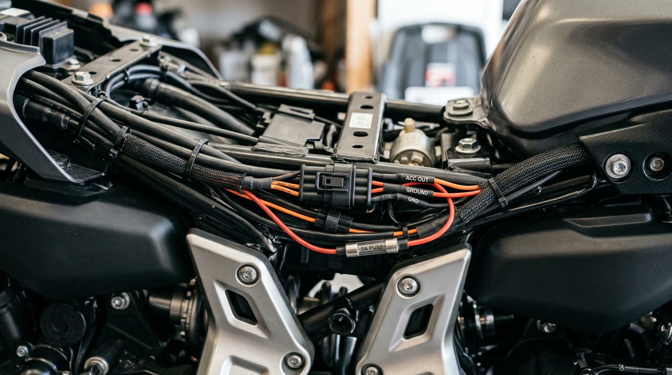 Cablaggio sottochiave ACC di uno schermo CarPlay sotto la sella di una moto
