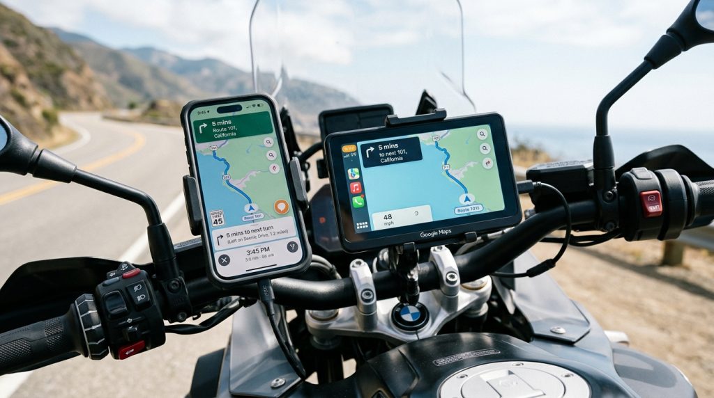 Piccolo schermo con smartphone collegato sulla console di un'auto luminosa, per la navigazione CarPlay