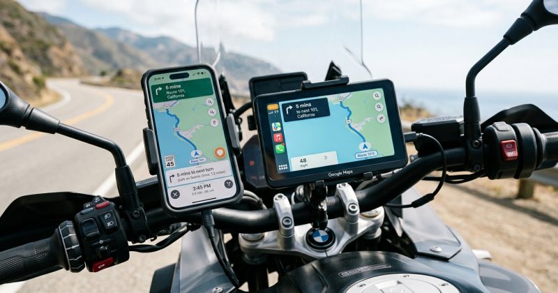Piccolo schermo con smartphone collegato sulla console di un'auto luminosa, per la navigazione CarPlay