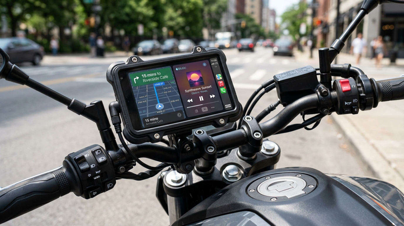 Schermo CarPlay wireless da 5 pollici montato sul manubrio di una moto naked