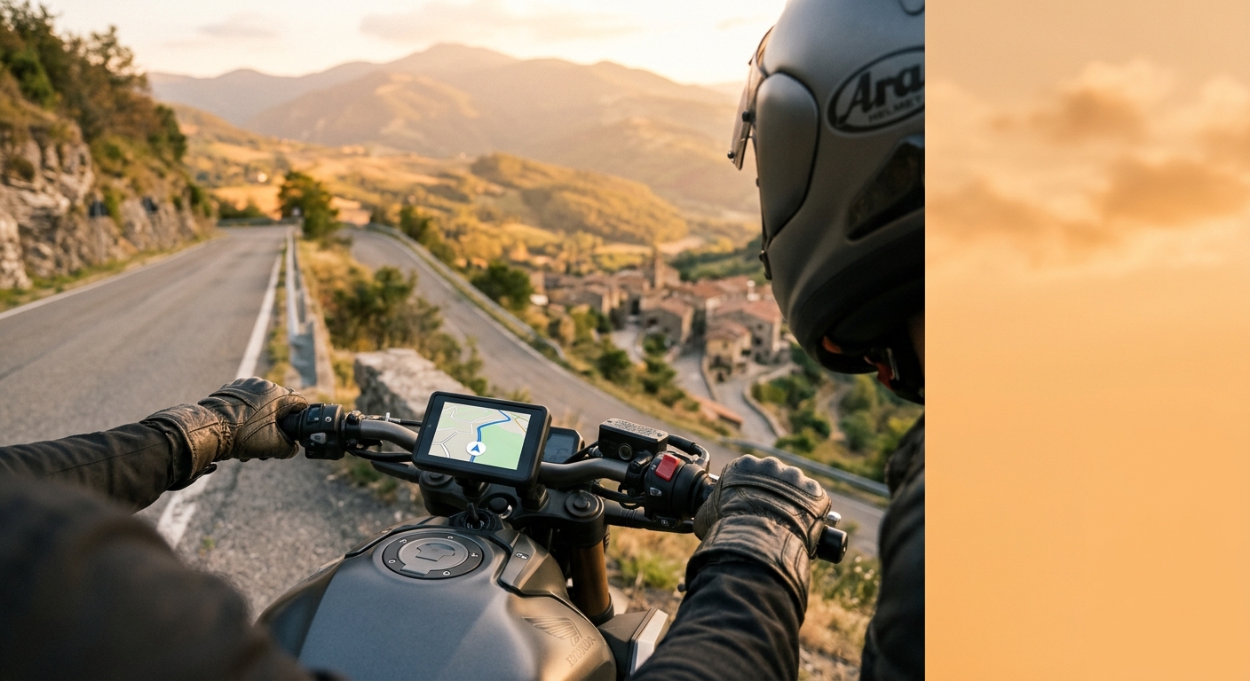 Schermo CarPlay per moto fissato al manubrio di una naked con la mappa di navigazione accesa