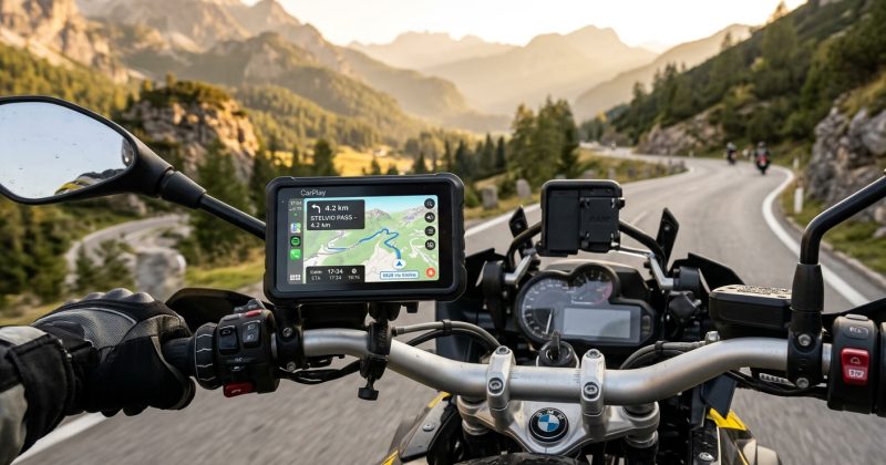 Schermo CarPlay da 5 pollici montato sul manubrio di una moto con cavo di alimentazione ordinato