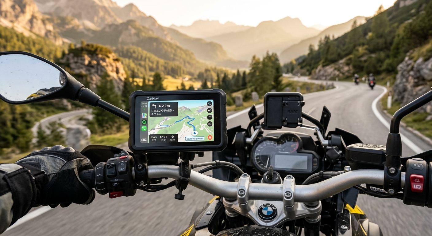 Schermo CarPlay da 5 pollici montato sul manubrio di una moto con cavo di alimentazione ordinato