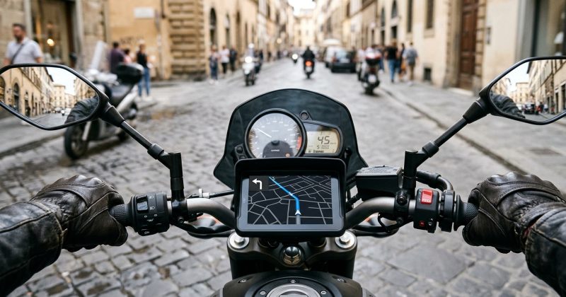 Schermo CarPlay per moto montato sul manubrio con mappa di navigazione in piena luce