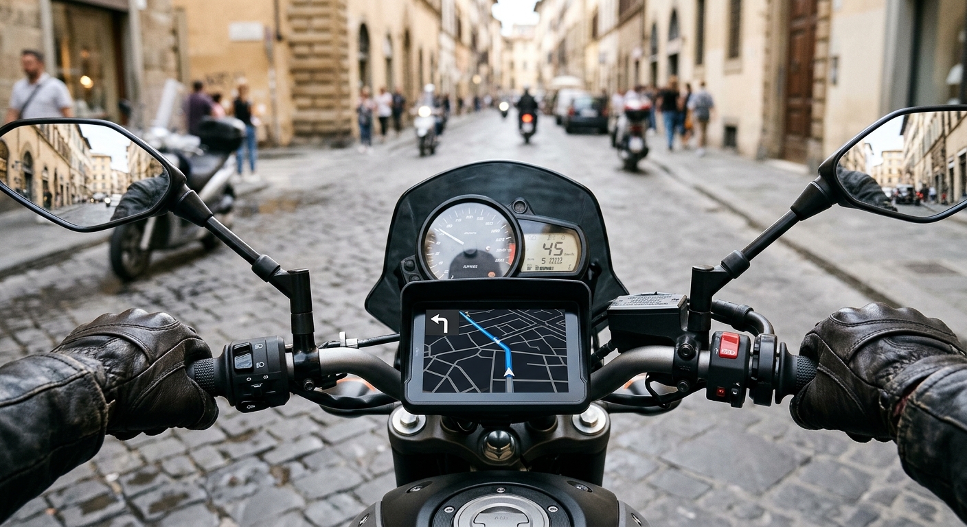 Schermo CarPlay per moto montato sul manubrio con mappa di navigazione in piena luce