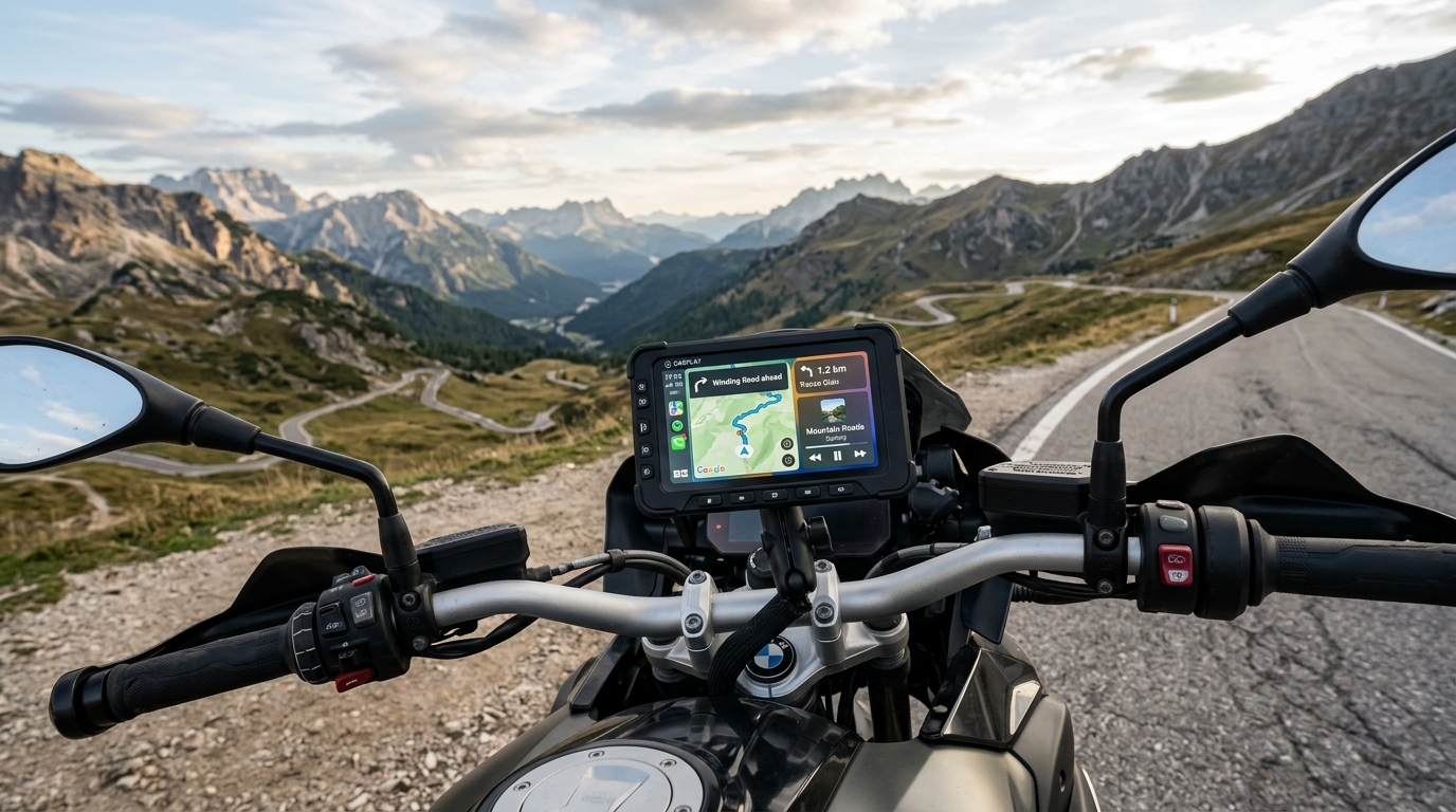 Piccolo schermo touchscreen montato sul manubrio di una moto da turismo in una strada di collina