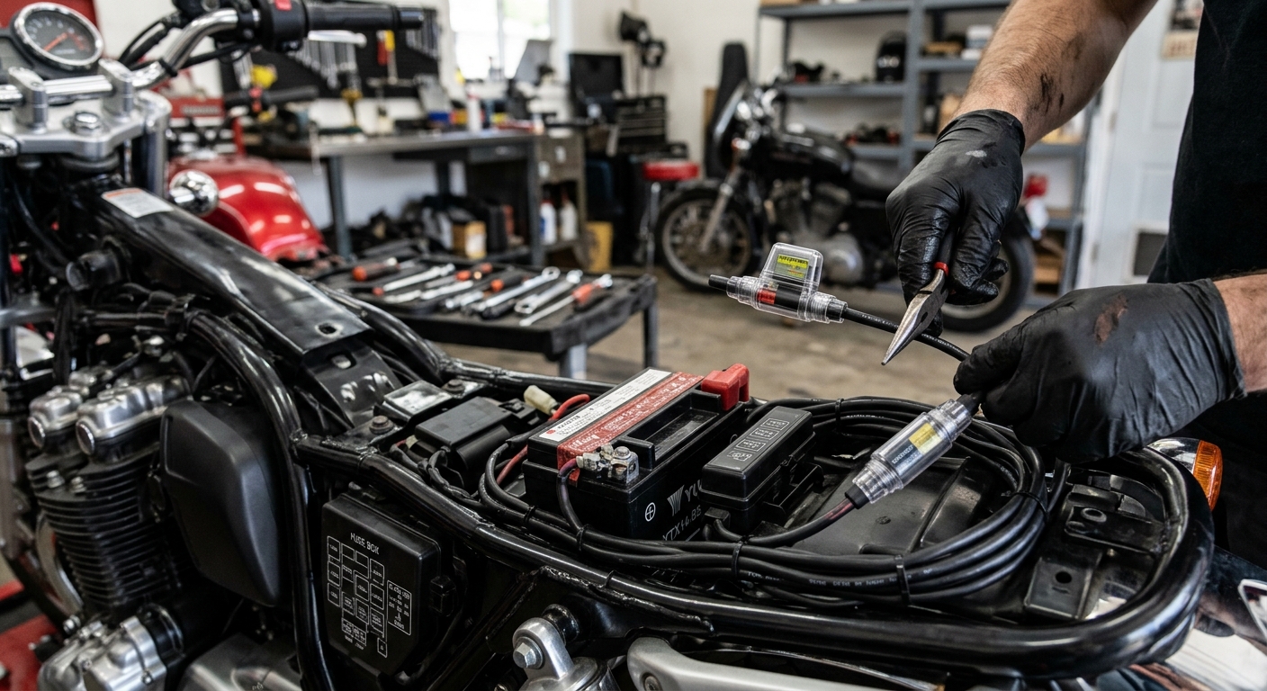 Vano sotto la sella di una moto con batteria, portafusibile e cavo di alimentazione ordinato