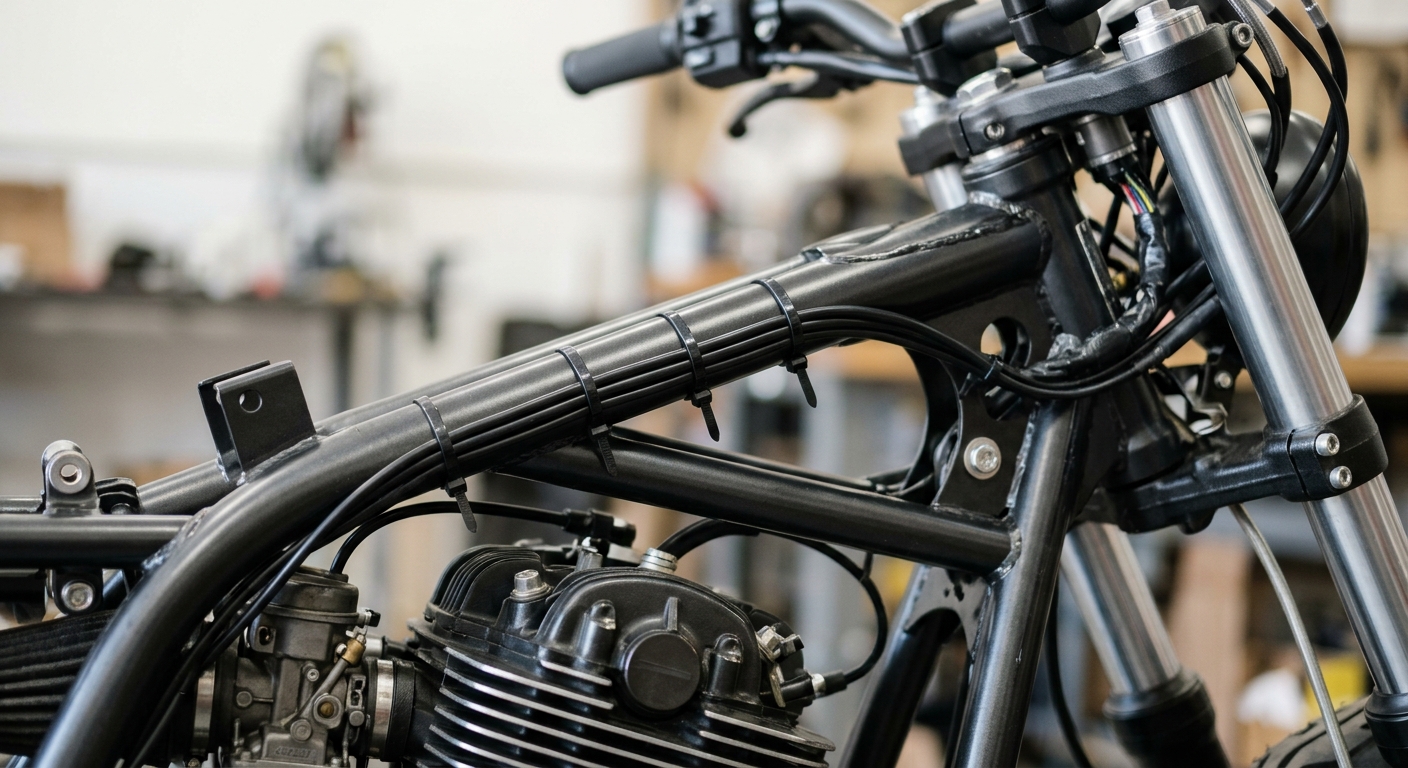 Cavo di alimentazione fissato con fascette lungo il telaio di una moto verso il cannotto di sterzo