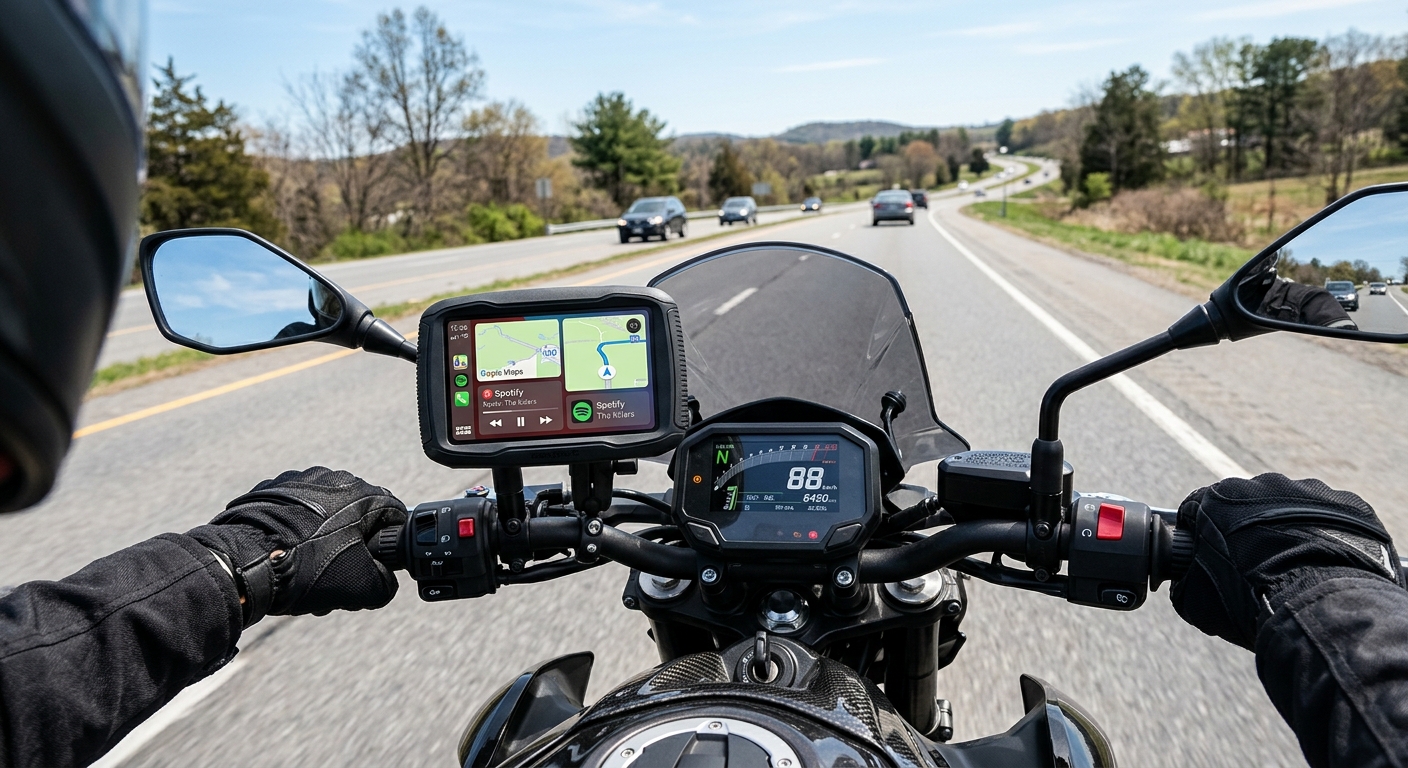 Schermo CarPlay per moto montato sul manubrio senza coprire strumentazione e specchietti