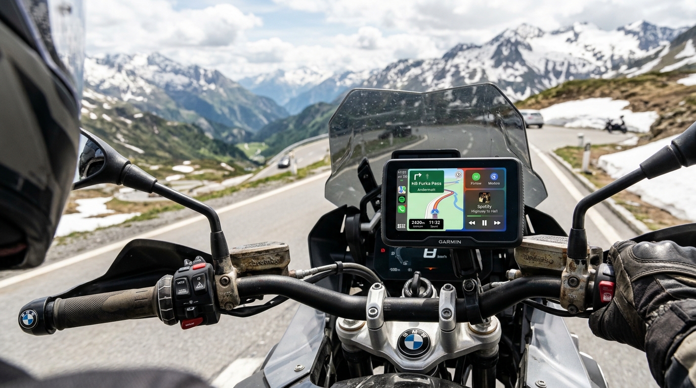 Smartphone fissato accanto a uno schermo per moto che mostra la mappa di navigazione del telefono