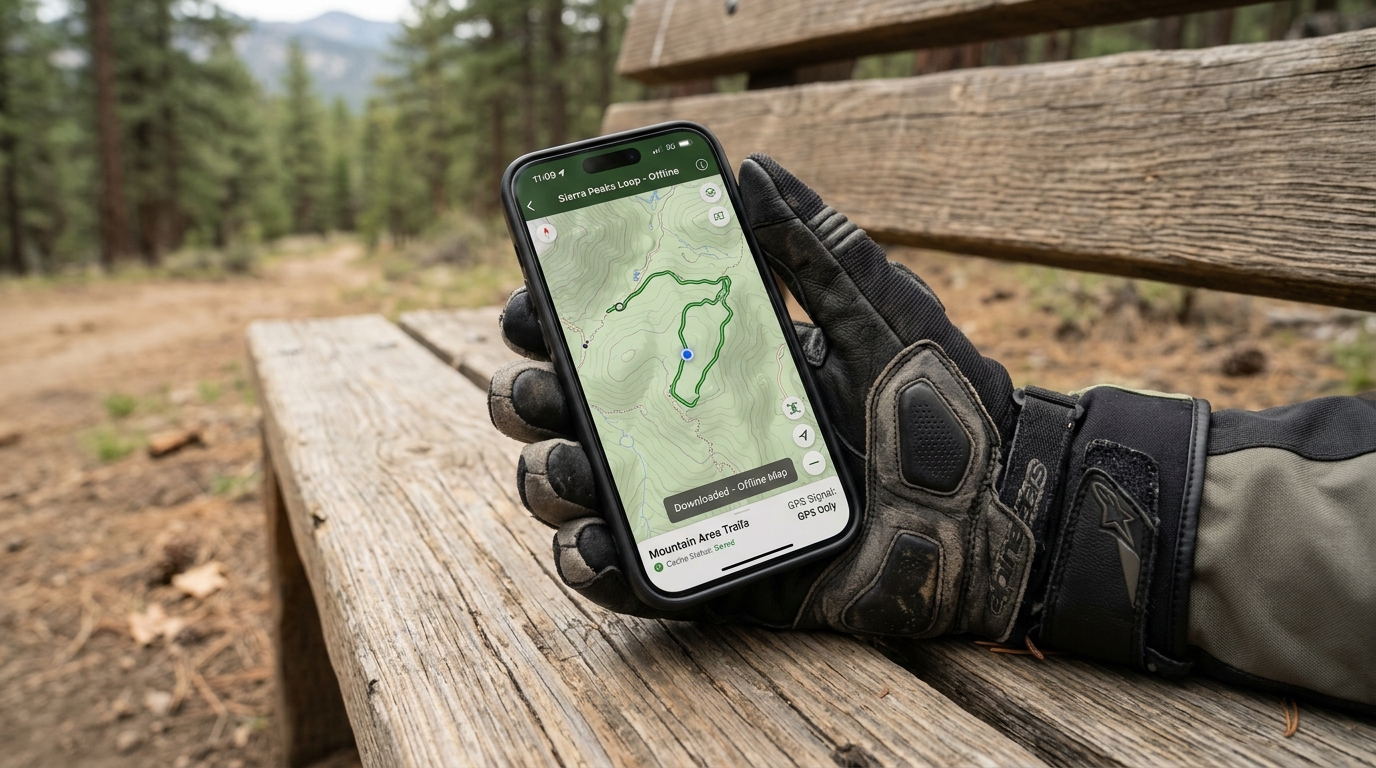 Smartphone in mano su un tavolo di legno con una mappa stradale scaricata per l'uso offline