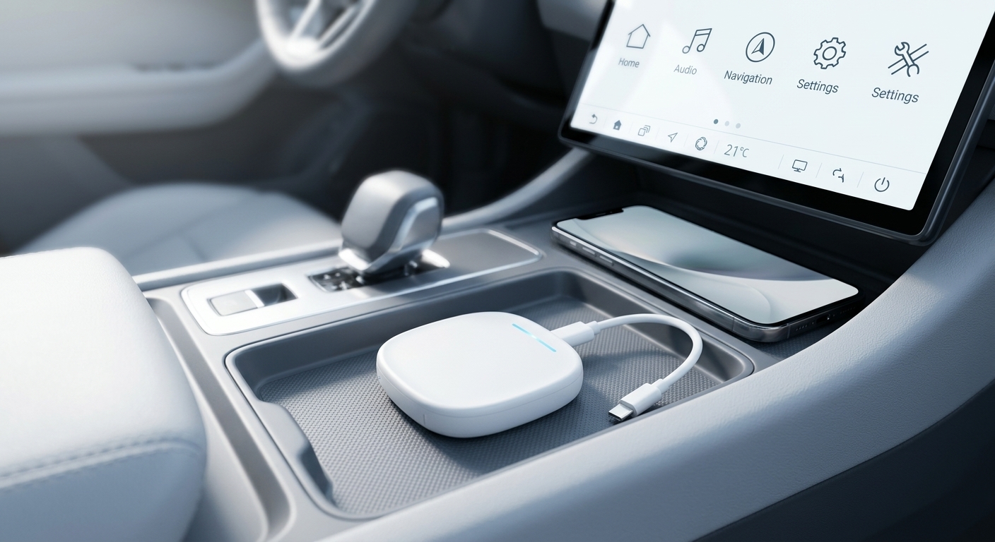 Piccolo adattatore wireless bianco sulla console centrale con cavo collegato allo schermo dell'auto